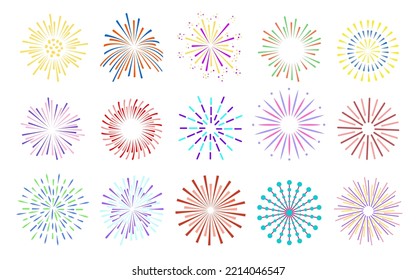 Fireworks colorful bright set. Celebration fire firework christmas new year pyrotechnics firecracker night festival birthday party. Vintage sunburst bursting sun rays. Radial light beams salute spark