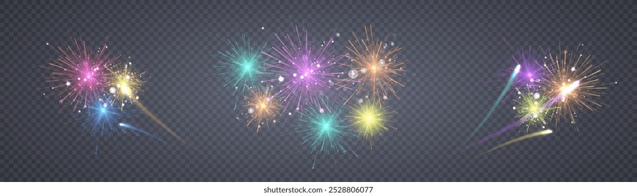 Fireworks. Colorful explosion of multicolored bright fireworks lights. Vector