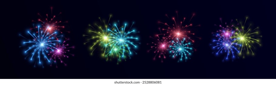 Fogos de artifício. Explosão colorida de fogos de artifício multicoloridos brilhantes. Vetor