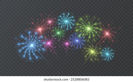 Fireworks. Colorful explosion of multicolored bright fireworks lights. Vector