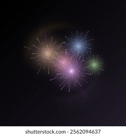 Fireworks. Colorful explosion of multicolored bright fireworks lights isolated on black background. Vector