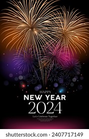 Fireworks colorful, Happy new year 2024 poster flyer design on night background, EPS10 vector illustration
