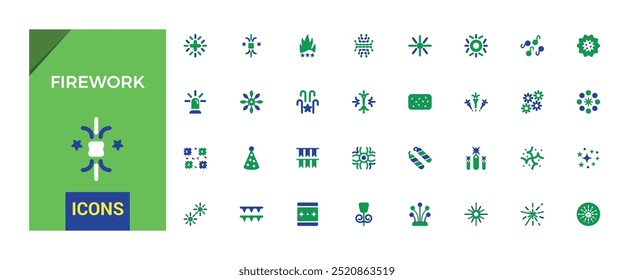 Fireworks colorful icon set. color symbol for celebration, cheers, party, gift, champagne, surprise, event, balloon and invitation. Solid duotone color icons vector collection.