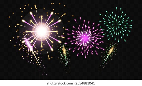 Fireworks of colorful sparks and bright flashes transparent background. Holiday Wedding Festival Design for Birthday Card Poster advertising. Vector