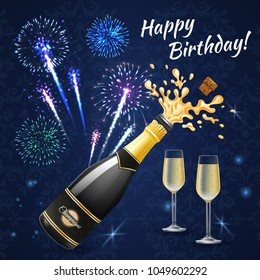 Fireworks composition of congratulatory inscription with images of champagne glasses bottle and colourful fireworks on ornate background vector illustration