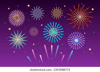 Fireworks composition at the night on purple gradient background. Vector illustration.