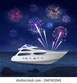 Fireworks composition of night sea landscape and images of boat and firework spots in night sky vector illustration