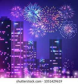 Fireworks composition of urban scenery with multistorey buildings apartment houses and fireworks on night sky vector illustration