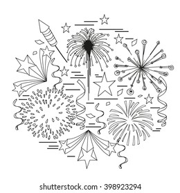 Fireworks, confetti, rocket, star. Vector illustration