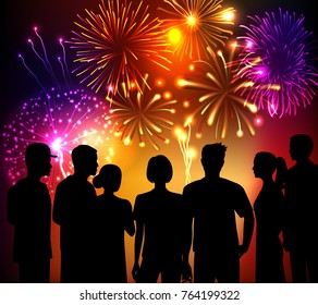 Fireworks and crowd people silhouettes colored background vector illustration