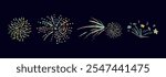Fireworks cute pencil lines doodle elements for birthday, anniversary. Set of colorful rainbow sketches in style of lightning, explosion, sun rays, firecrackers, sparkles, motion effects. Vector.