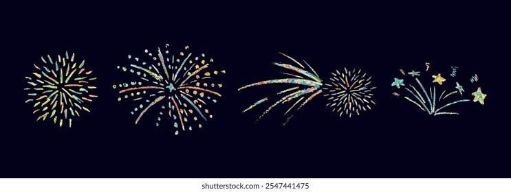 Fireworks cute pencil lines doodle elements for birthday, anniversary. Set of colorful rainbow sketches in style of lightning, explosion, sun rays, firecrackers, sparkles, motion effects. Vector.