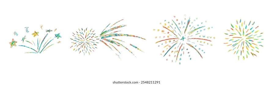 Fireworks cute pencil lines doodle elements for birthday, anniversary. Set of colorful rainbow sketches in style of lightning, explosion, sun rays, firecrackers, sparkles, motion effects. Vector