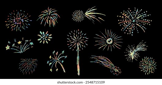 Feuerwerk niedlichen Bleistift Linien doodle Elemente zum Geburtstag, Jahrestag. Set von bunten Regenbogenskizzen im Stil von Blitz, Explosion, Sonnenstrahlen, Feuerwerkskörper, Funkeln, Bewegungseffekte. Vektorgrafik