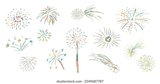 Fireworks cute pencil lines doodle elements for birthday, anniversary. Set of colorful rainbow sketches in style of lightning, explosion, sun rays, firecrackers, sparkles, motion effects. Vector