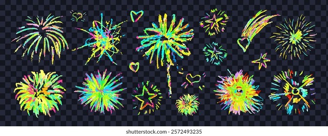 Fireworks cute pencil lines doodle elements for birthday, anniversary. Vector set of colorful rainbow sketches in style of lightning, explosion, sun rays, firecrackers, comet sparkles, motion effects.