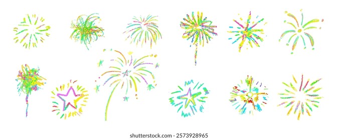 Fireworks cute pencil lines doodle elements for birthday, anniversary. Set of colorful rainbow sketches in style of lightning, explosion, sun rays, firecrackers, sparkles, motion effects. Vector