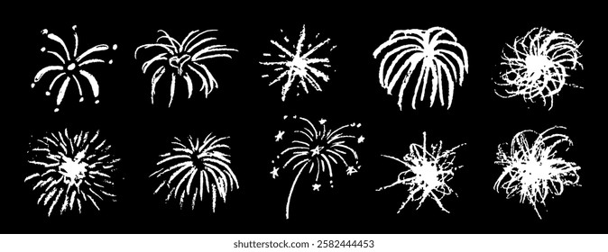 Fireworks cute pencil lines doodle elements for birthday, anniversary. Set of white color sketches in style of lightning, explosion, sun rays, firecrackers, sparkles, motion effects. Vector