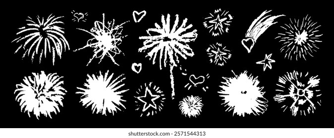 Fireworks cute wax pencil lines doodle elements for birthday, anniversary. Set of white crayon in sketches style of lightning, explosion, sun rays, firecrackers, sparkles, motion effects. Vector.