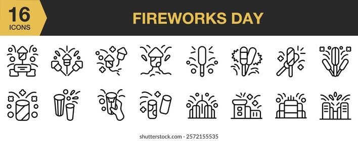 Fireworks Day icon set. Includes Colours, Display, Explosion, Fireworks, Light, and More. Outline icons vector collection.