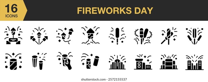 Fireworks Day solid icon set. Includes Colours, Display, Explosion, Fireworks, Light, and More. Solid icons vector collection.