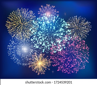 Fireworks decorative splashes at night sky. Abstract decoration in darkness. Celebration of christmas or new year. Holidays and parties performance. Illuminated pyrotechnics vector in flat style