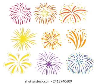 Fireworks Design Elements Set. Vibrant Explosive Bursts, Stars, And Dazzling Patterns, Dynamic, Colorful, And Festive Explosions for Celebrations and Graphic Projects. Cartoon Vector Illustration