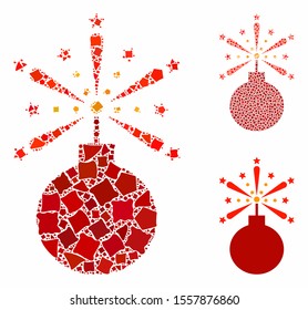 Fireworks detonator composition of bumpy parts in variable sizes and color hues, based on fireworks detonator icon. Vector humpy parts are organized into collage.
