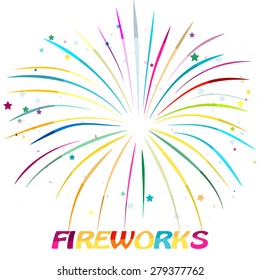 Fireworks different colors on white background with stars and confetti. vector illustration