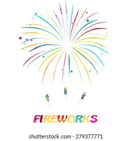 Fireworks different colors on white background with stars and confetti. vector illustration