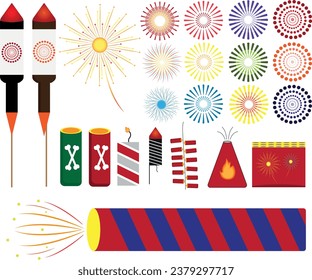 Fireworks. Different pyrotechnics vector icons including firecrackers and rockets. New year's eve icons.