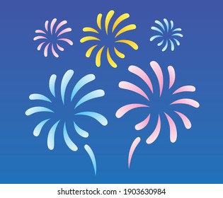 Fireworks display in a dark blue night sky flat vector illustration