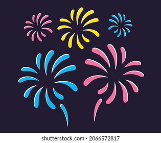 Fireworks display in a dark night sky flat design vector illustration