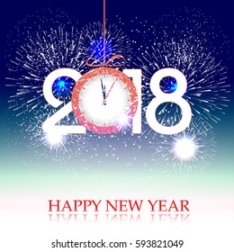 fireworks display for happy new year 2018 above the city with clock 