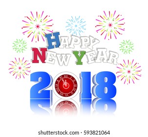 fireworks display for happy new year 2018 above the city with clock 