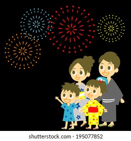 Fireworks display in Japan, Family in yukata, kimono for summer