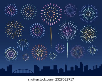 fireworks display and night city vector illustration.