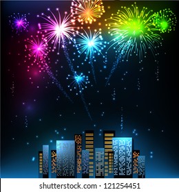 Fireworks Display over the Night City, vector illustrated background