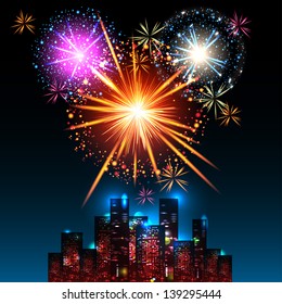 Fireworks Display over the Night City, vector illustrated background