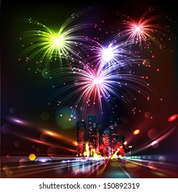 Fireworks Display over the Night City, vector illustrated background.  Blurred Defocused Lights of Heavy Traffic on a Wet Rainy