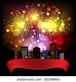Fireworks Display over the Night City, vector illustrated background