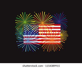 Fireworks display over USA American Flag for New Year or 4th July Independence Day celebration color on black background illustration