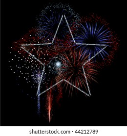 Fireworks display with star in red white and blue