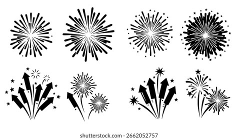 Fireworks display vector icon set of solid black silhouettes, showing various festive explosions for celebration and holiday themes.