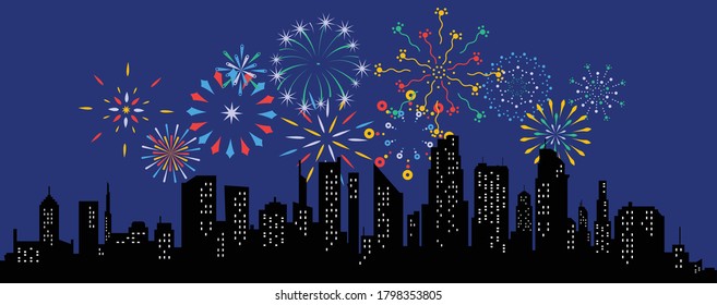 Fireworks displaying in dark evening sky and celebrating holiday against city buildings. Festival celebration, pyrotechnics show at night scene. Flat cartoon colorful vector illustration