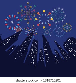 Fireworks displaying in dark evening sky and celebrating holiday against city buildings. Festival celebration, pyrotechnics show at night scene. Flat cartoon colorful vector illustration