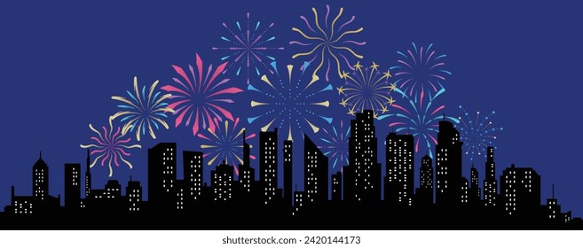 Fireworks displaying in dark evening sky and celebrating holiday against city buildings. Festival celebration, pyrotechnics show at night scene. Flat cartoon colorful vector illustration