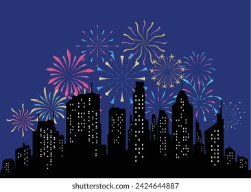 Fuegos artificiales que se despliegan en el cielo oscuro de la tarde y celebran la festividad contra los edificios de la ciudad. Celebración del festival, espectáculo de pirotecnia en la escena nocturna. Ilustración vectorial de dibujos animados