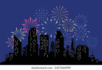 Fuegos artificiales que se despliegan en el cielo oscuro de la tarde y celebran la festividad contra los edificios de la ciudad. Celebración del festival, espectáculo de pirotecnia en la escena nocturna. Ilustración vectorial de dibujos animados