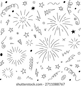 El patrón inconsútil del Vector del doodle de los fuegos artificiales celebra el diseño festivo de la ilustración del elemento del fondo dibujado a mano de la línea del partido